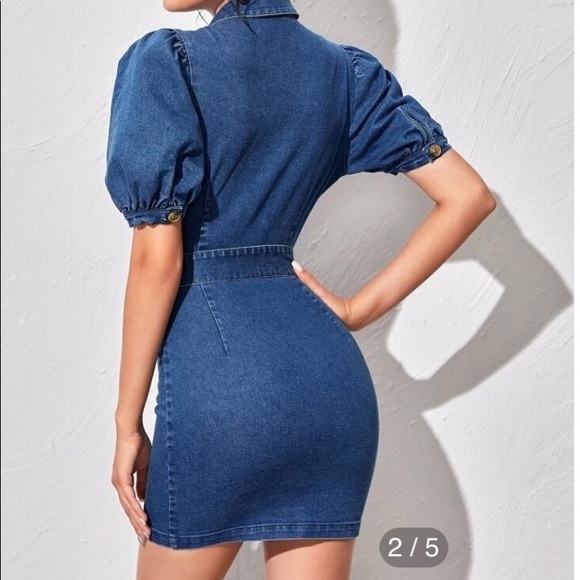 Puff Sleeve Buttoned Denim Dress - Picture 3 of 5